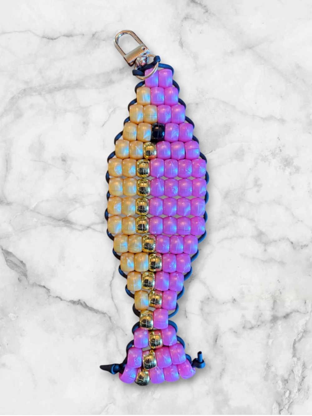 Handmade Beaded Fish Ornament Keychain - Pink & Gold